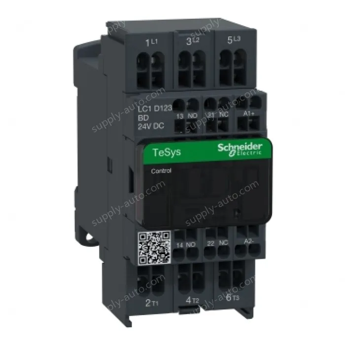 LC1D123BD IEC contactor, TeSys Deca, nonreversing, 12A, 7.5HP at 480VAC, 3 phase, 3 pole, 3 NO, 24VDC coil, open style