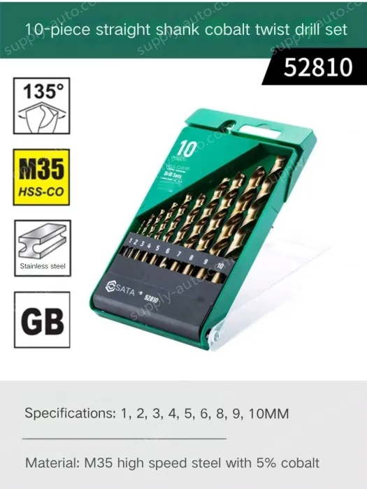 Set of 10 straight shanks containing cobalt twist drills